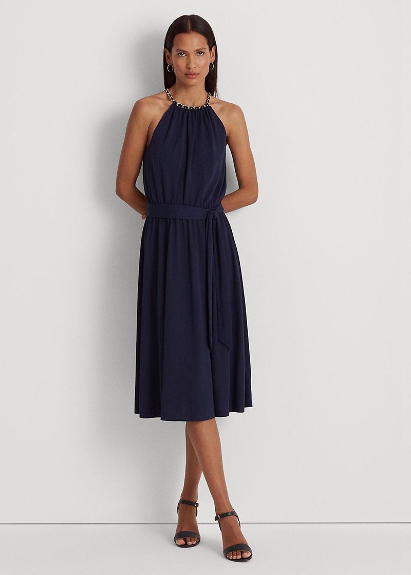 Sukienka Lauren Damska Granatowe Belted Stretch Jersey Bez Pleców 897543-JGY